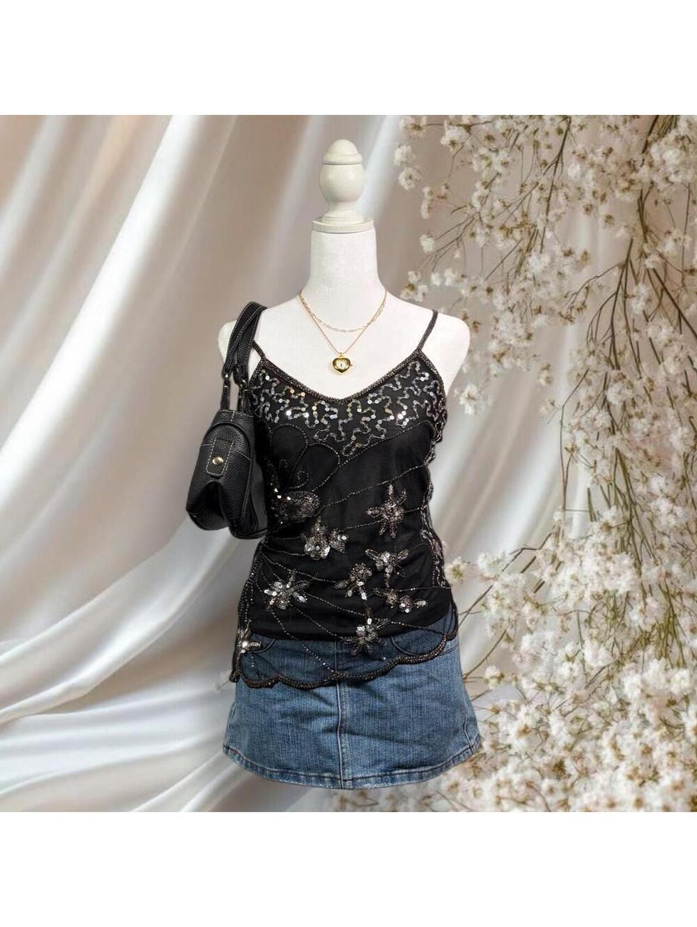 LIPSTICK BEADED BUTTERFLY MESH CAMI Y2K BLACK NWT